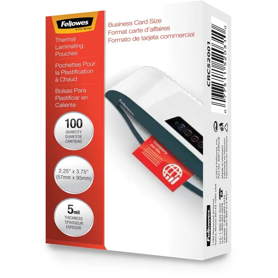 Fellowes Business Card Glossy Laminating Pouches - 5 Mil Thickness, Clear, 100 Pack