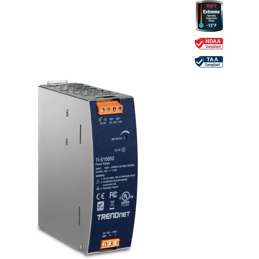 TRENDnet TI-S15052 150W 52V DC DIN-Rail Power Supply with PFC - Industrial Grade