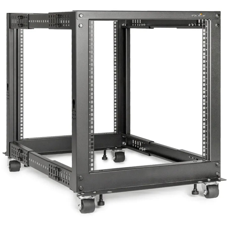 Rocstor SolidRack 12U Adjustable Depth Open Frame 4-Post Rack with Casters