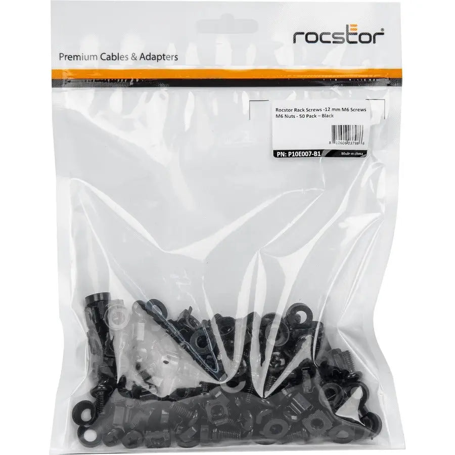 Rocstor P10E007-B1 M6 Cage Nuts and Screws 50-Pack for Rack Mounting