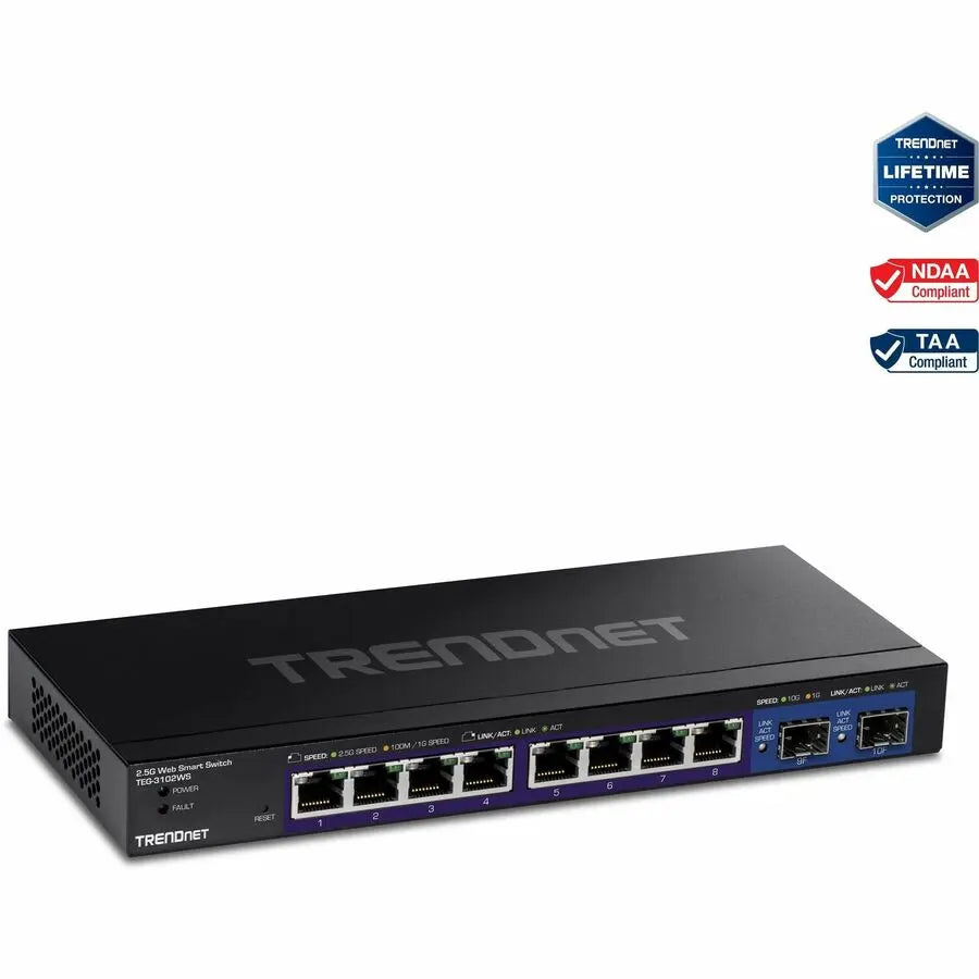 TRENDnet 10-Port Multi-Gig Web Smart Switch, TEG-3102WS, 8 x 2.5GBASE-T Ports, 2 x 10G SFP+ Slots, Ethernet Splitter, Metal Housing, NDAA & TAA Compliant, Lifetime Protection, Black