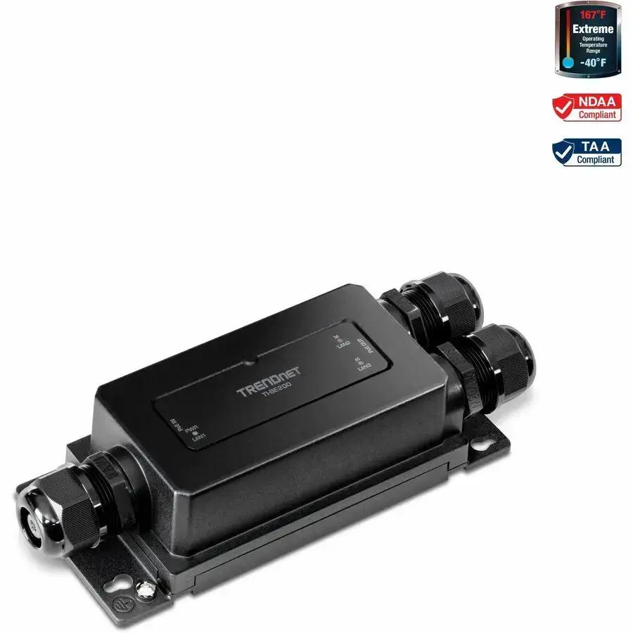 TRENDnet TI-BE200 2-Port Industrial Outdoor Gigabit PoE++ Extender - Extends PoE++ Up to 200 Meters, IP67 Weatherproof Housing by TRENDnet