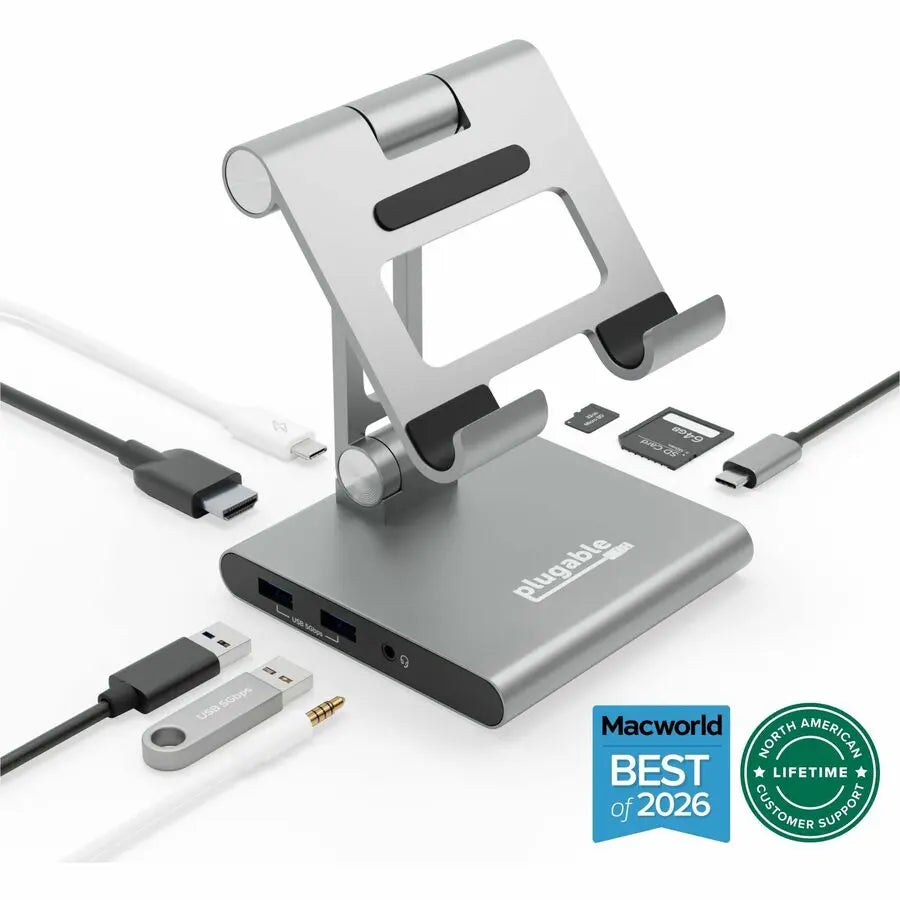 Plugable UDS-7IN1 Docking Station with Tablet Stand – 8-Port USB-C Hub with 4K HDMI, USB 3.0, SD Card Slots, 100W Power Delivery, and Audio Jack
