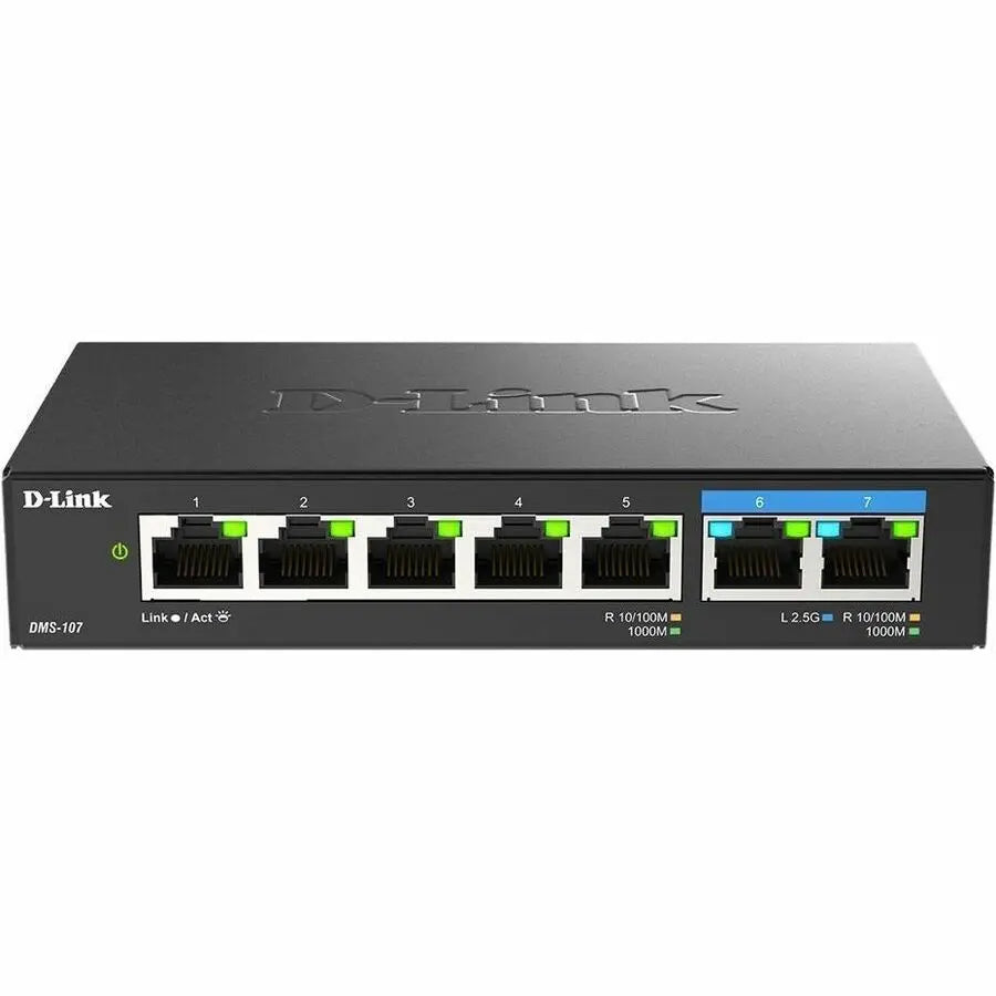 D-Link DMS-107 7-Port Multi-Gigabit Unmanaged Ethernet Switch with Fanless Design and Wi-Fi 6 Compatibility