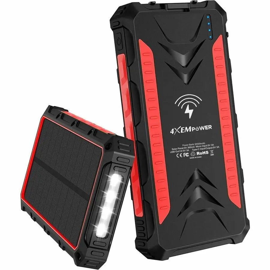 4XEM 30,000mAh Mobile Solar Power Bank and Charger - Red