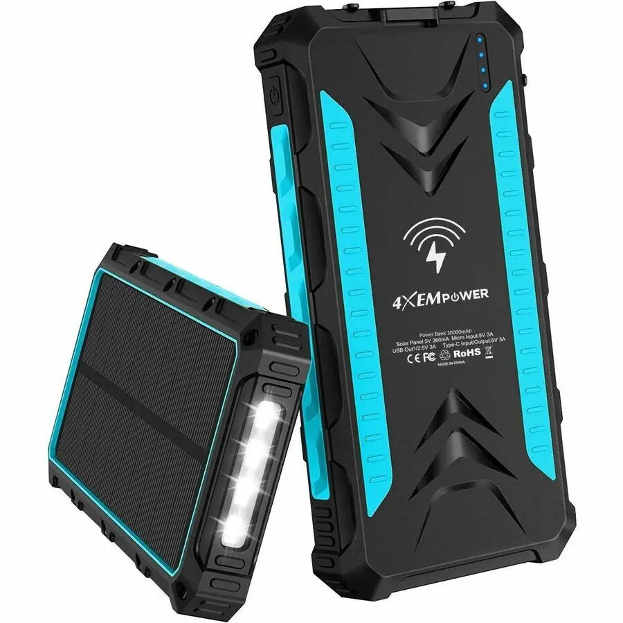 4XEM 30,000mAh Mobile Solar Power Bank and Charger – Blue
