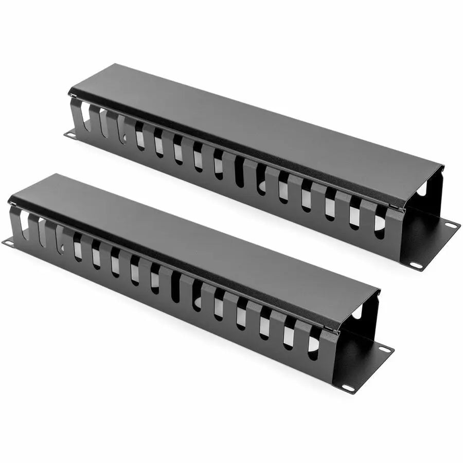Rocstor 2U Horizontal Finger Duct Rack Cable Management Panel with Cover – Durable Steel, Black Finish