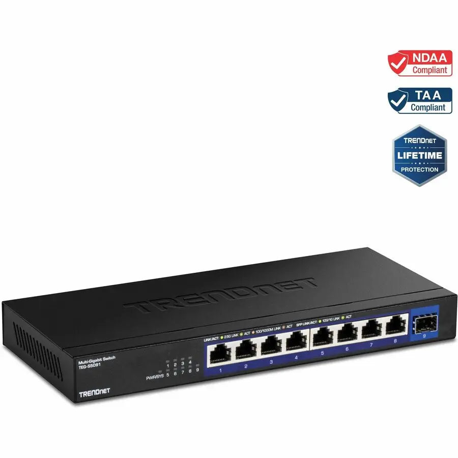 TRENDnet 9-Port Unmanaged 2.5G Switch with 10G SFP+ Port, TEG-S5091, 8 x 2.5GBASE-T Ports, 60Gbps, Wall Mountable, Ethernet Splitter, NDAA & TAA Compliant, Lifetime Protection, Black