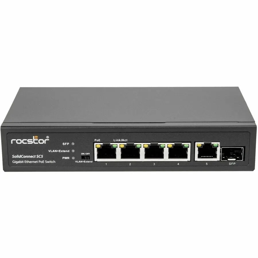 Rocstor SolidConnect SC5 5-Port Gigabit PoE+ Ethernet Switch with SFP Uplink