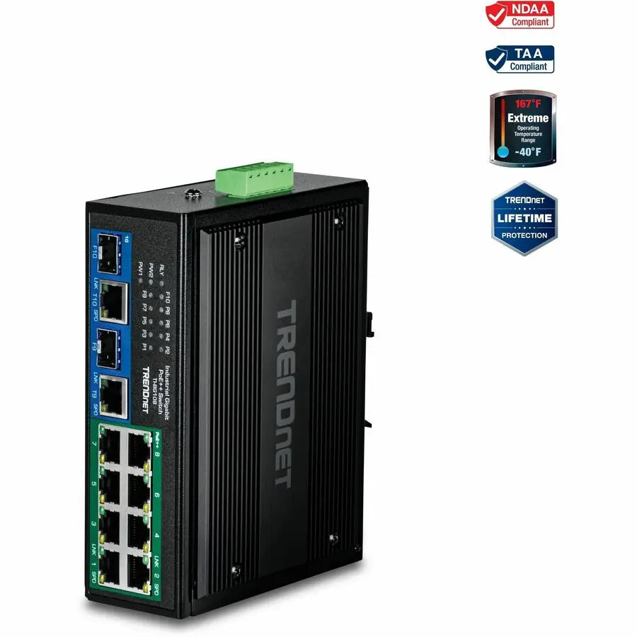 TRENDnet TI-BG108 10-Port Industrial Gigabit PoE++ DIN-Rail Switch for Rugged Environments