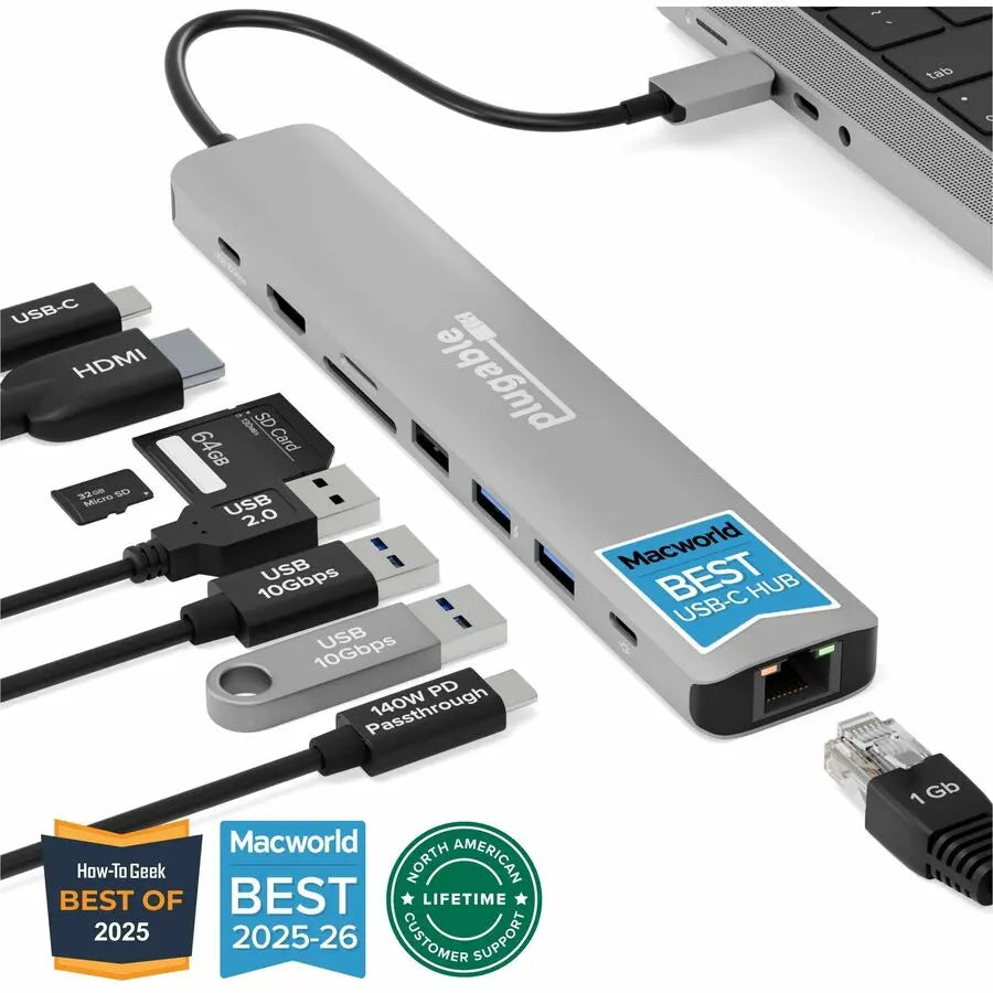 Plugable USB-C Hub Multiport Adapter (9-in-1) with 4K HDMI and 140W Power Delivery