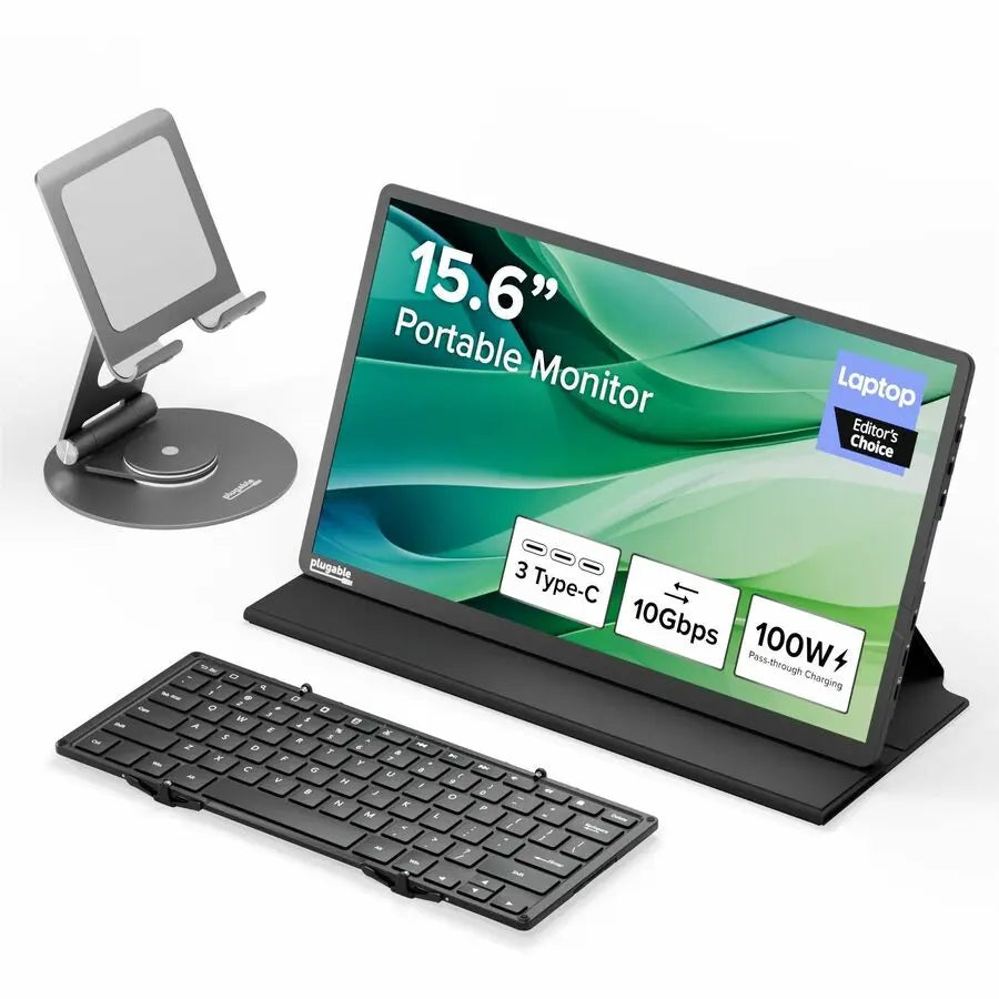 Plugable PDMON-KEYSTAND Portable Monitor, Stand, and Bluetooth Keyboard Bundle for Travel and Remote Work