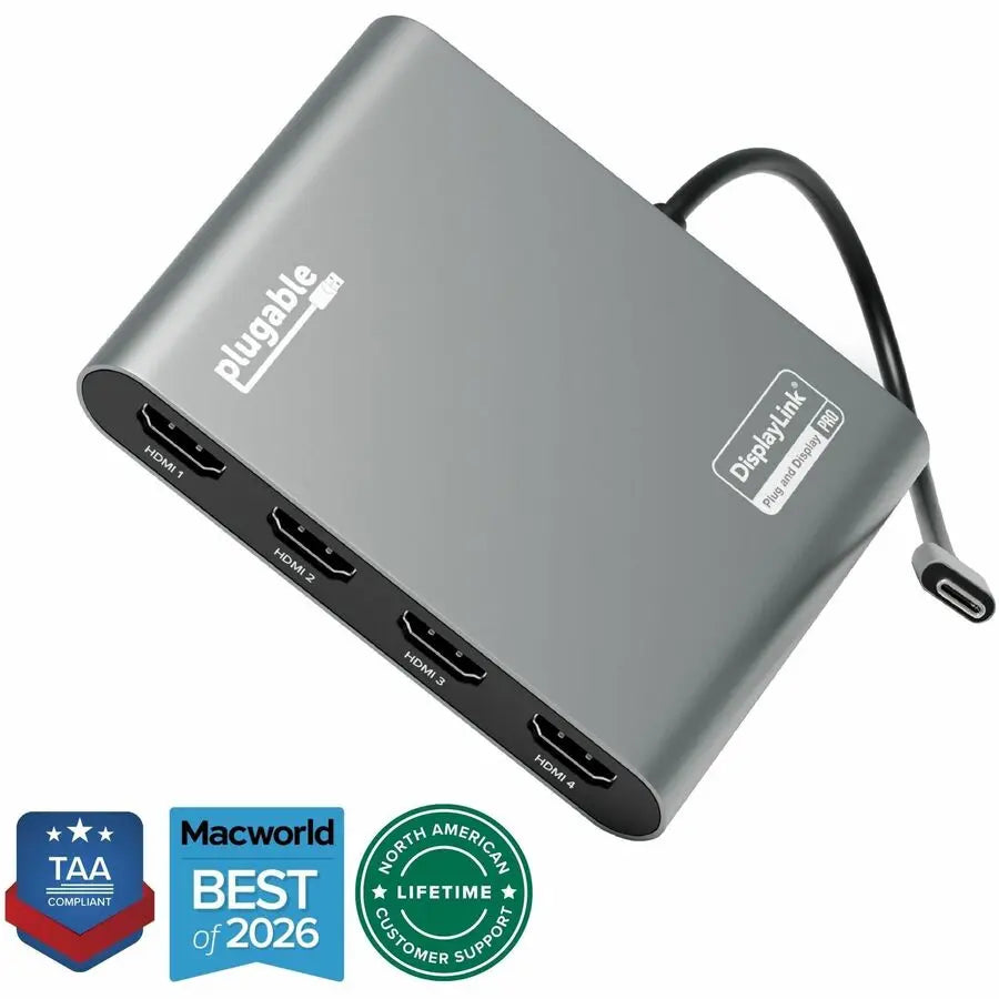 Plugable USBC-7400H4 USB-C Quad 4K HDMI Graphics Adapter for Multiple Display Productivity