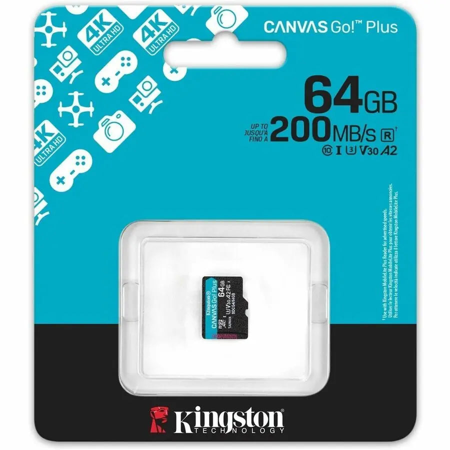 Kingston Canvas Go! Plus 64GB microSDXC Card – High-Speed U3 & V30 for Action Cameras, Drones, and Mobile Gaming