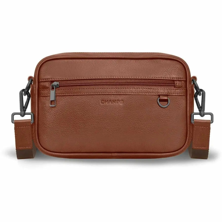 Champs Onyx Leather Camera Bag with RFID Protection and Adjustable Strap - Brown
