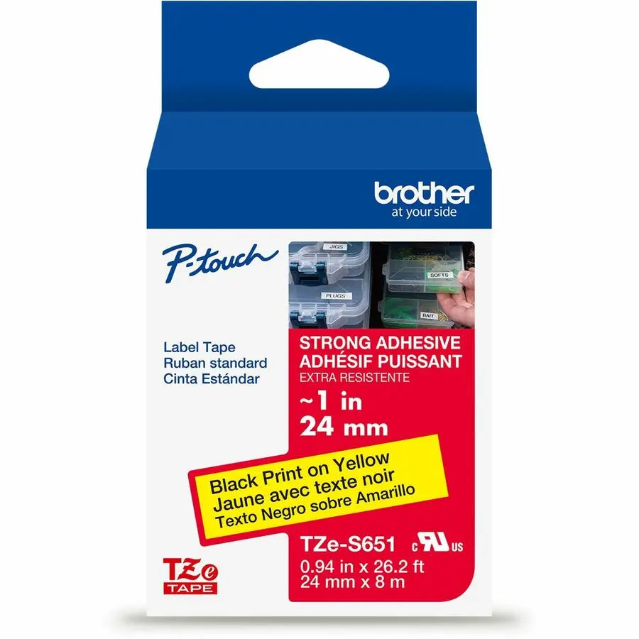 Brother Genuine P-touch TZeS651 BK on YL Label Tape, 24mm x 8m, Strong Adhesive Laminated Tape for Indoor & Outdoor Use