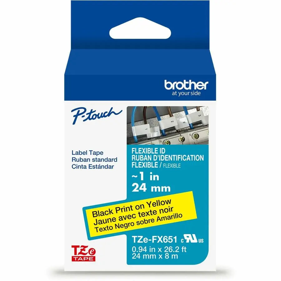 Brother Genuine P-touch TZeFX651 BK on YL Flexible ID Laminated Label Tape, 24mm x 8m