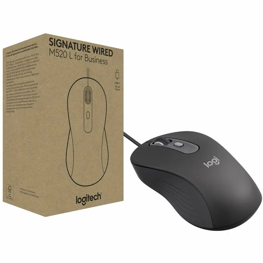 Logitech Signature Wired M520 Large for Business, Optical Wired Mouse, USB-C Plug-and-Play, Graphite