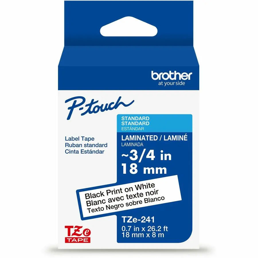 Brother Genuine P-touch TZe241 BK on WHT Laminated Label Tape, 18mm x 8m