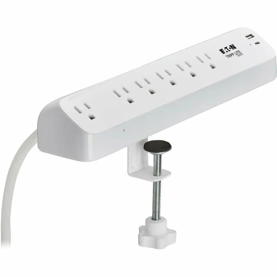 Eaton Tripp Lite Series Protect It! 6-Outlet Surge Protector with USB-A and USB-C Charging Ports - 5-15R Outlets, 900 Joules, Desk Clamp, 6 ft. (1.8 m) Cord, White