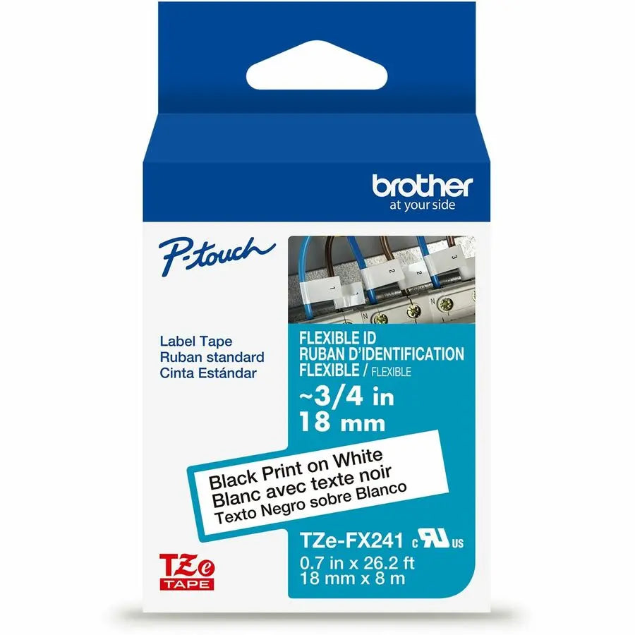 Brother Genuine P-touch TZeFX241 BK on WHT Label Tape, Flexible ID Laminated, 18mm x 26.4 ft
