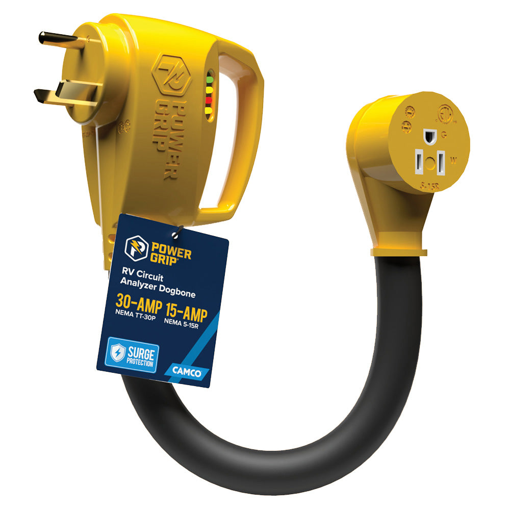 Camco Power Grip RV 12-Inch 30Amp Circuit Analyzer Dogbone with Integrated Surge Protection