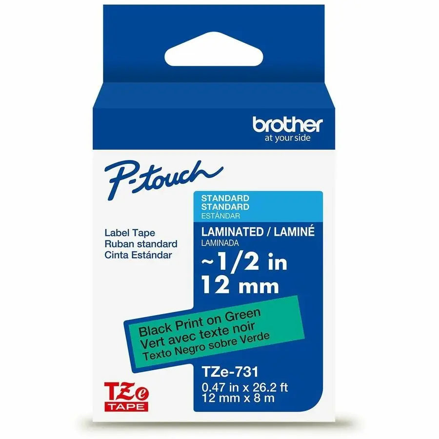 Brother Genuine P-touch TZe731BK on GRN Laminated Label Tape, 12mm x 8m