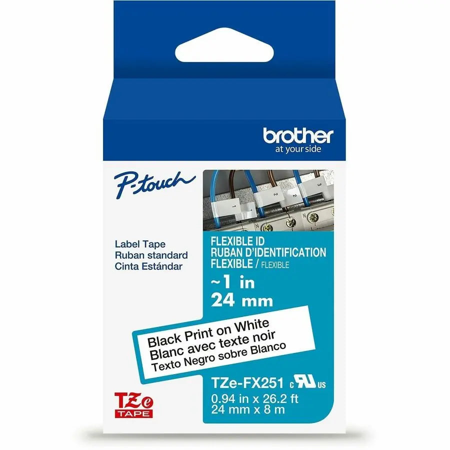 Brother P-touch TZeFX251G Flexible ID Laminated Label Tape, 24mm x 8m, Black on White