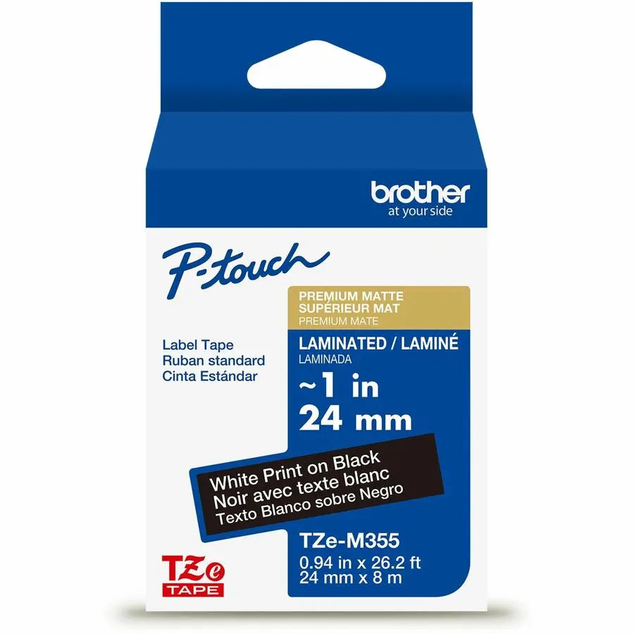 Brother Genuine P-touch TZeM355 Matte Black on White Label Tape - 24mm x 8m, Premium Laminated for Indoor and Outdoor Use