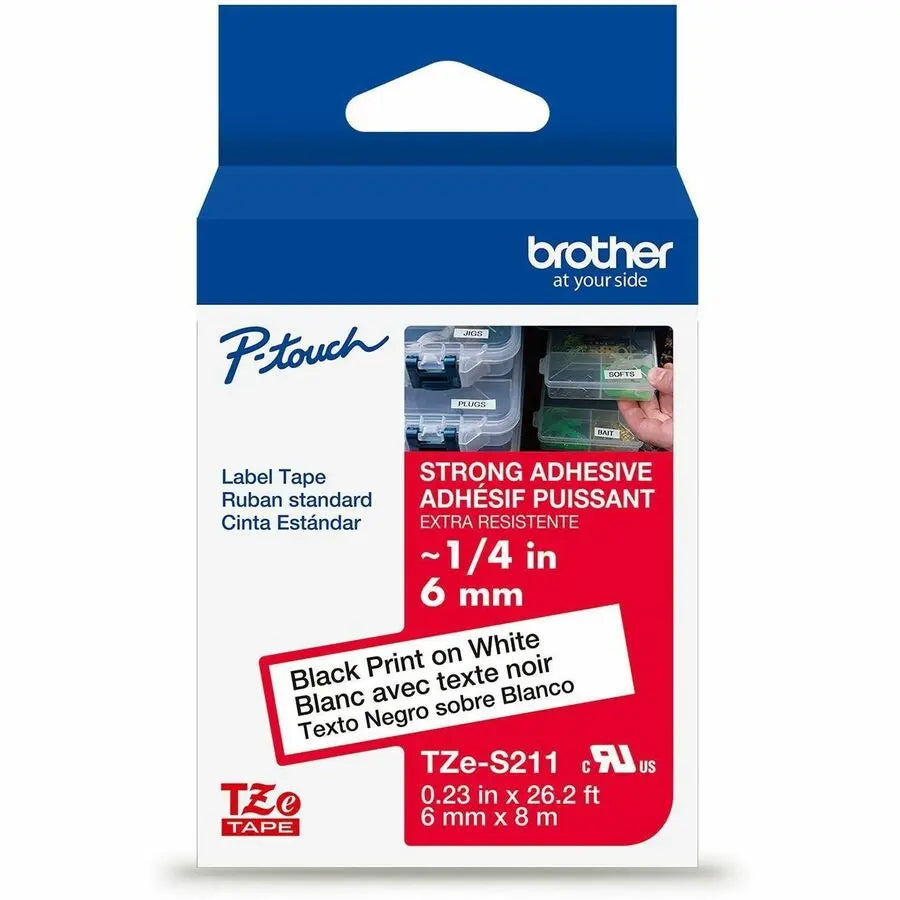 Brother Genuine P-touch TZeS211 BK on WHT Label Tape, 6mm x 8m, Strong Adhesive Laminated Tape