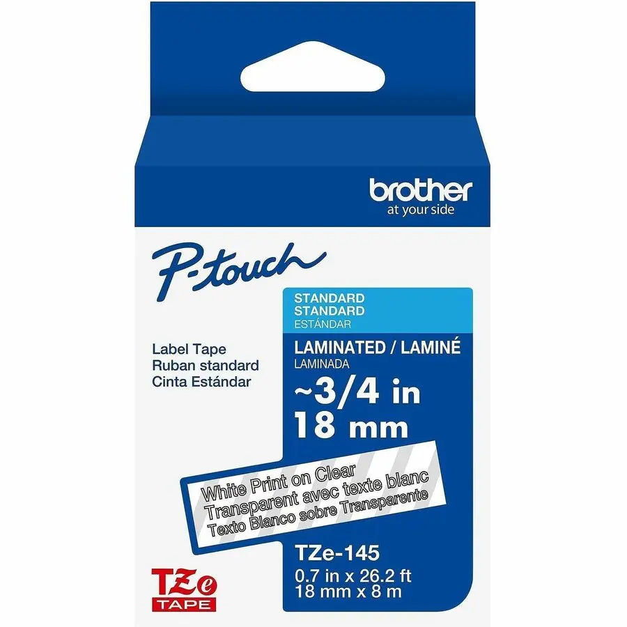 Brother Genuine P-touch TZe145 White on Clear Laminated Label Tape, 18mm x 8m
