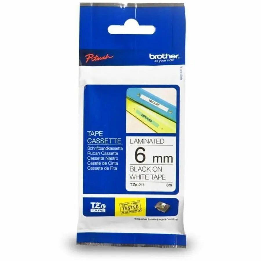 Brother Genuine P-touch TZe211 Laminated Label Tape, 6mm x 8m, White on Black