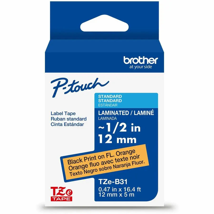 Brother Genuine P-touch TZeB31BK Fluorescent Orange Laminated Label Tape, 12mm x 16.4 ft
