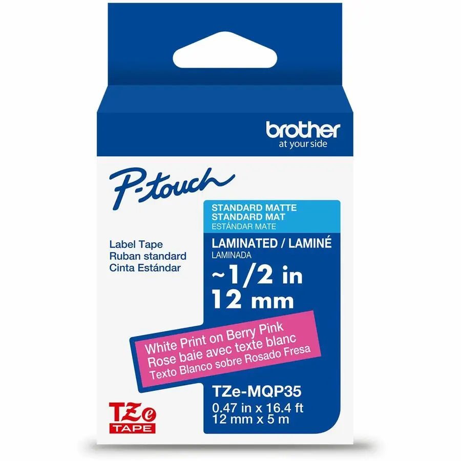 Brother Genuine P-touch TZeMQP35 Pink on White Laminated Label Tape, 12mm x 16.4 ft