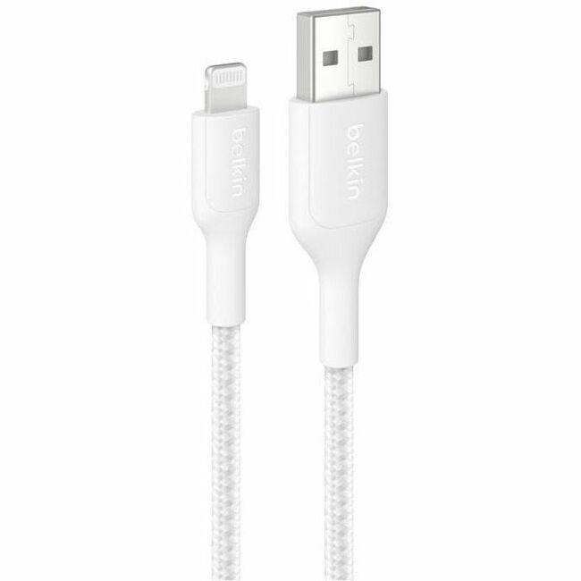 Belkin BoostCharge Pro Braided USB-A to Lightning Cable, 6.6 ft, White - Fast Charging & Eco-Friendly Design