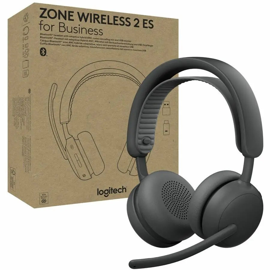 Logitech Zone Wireless 2 ES for Business - Noise-Canceling Wireless Headset with Adaptive Hybrid ANC, Zoom & Google Certified, USB-C & USB-A,Graphite