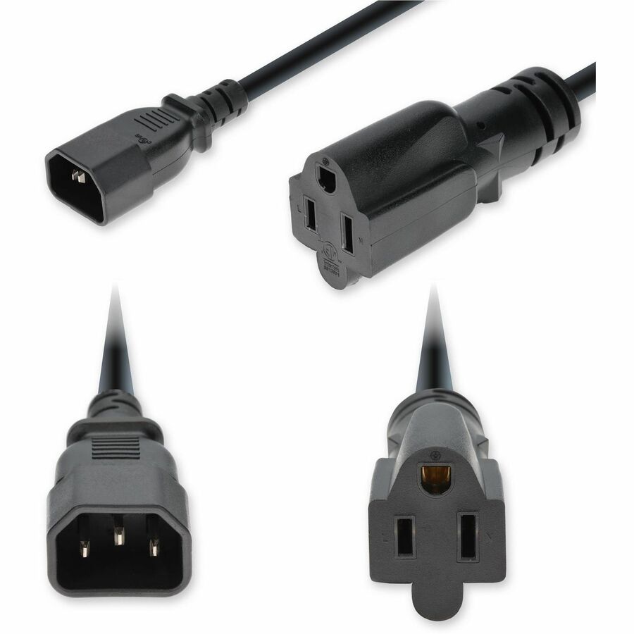 AddOn 1ft C14 Male to NEMA 5-15R Female Power Cable – 18 AWG, 125V, 10A, Black