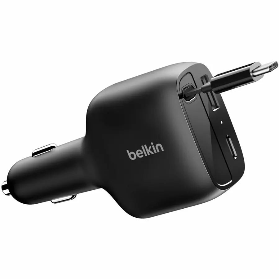 Belkin BoostCharge 75W Dual Port USB Car Charger with Retractable USB-C Cable – Black