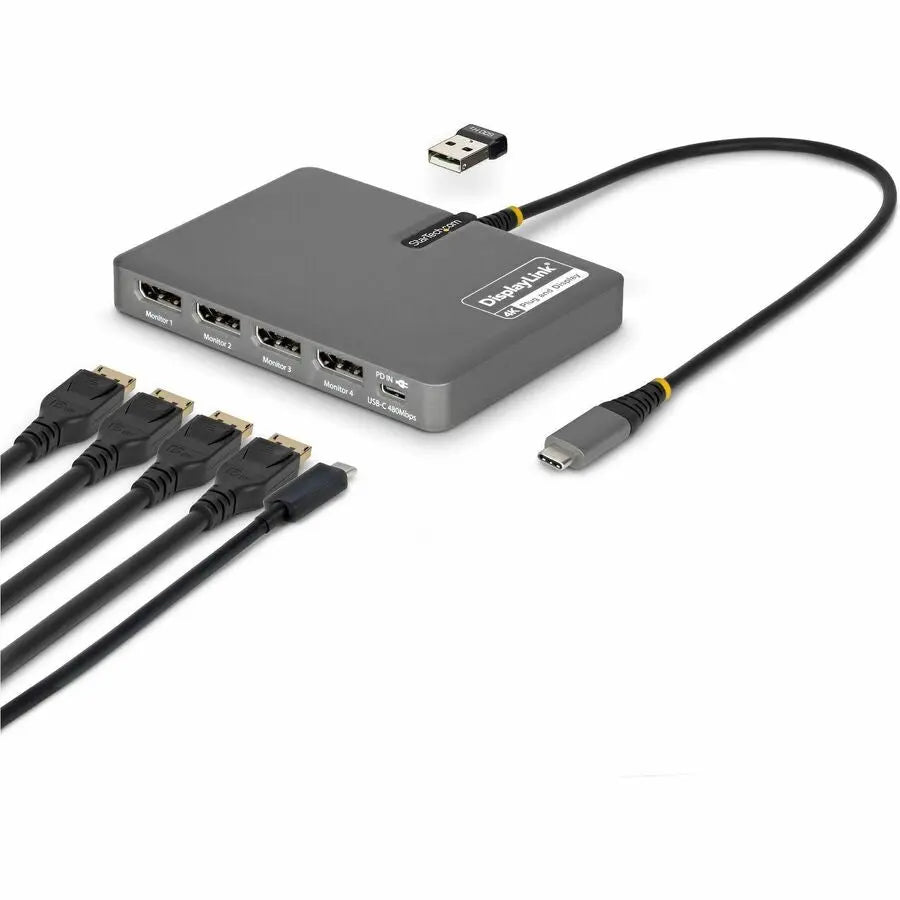StarTech.com Quad USB-C DisplayPort Docking Station - 4K 60Hz Multi-Monitor Workstation Adapter with 140W Power Delivery and USB 2.0 Peripherals Support