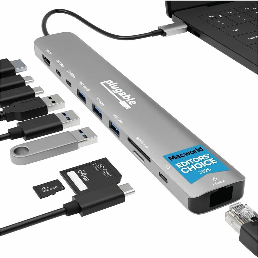 Plugable USB C Hub: 10-in-1 Multiport Adapter with 8K HDMI 2.1, 2.5Gbps Ethernet, 140W Power Delivery, and 10Gbps Data Ports