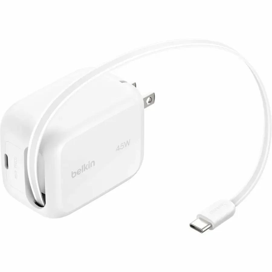 Belkin UltraCharge Retractable GaN Wall Charger 45W – Compact White USB-C Power Adapter by Belkin International, Inc