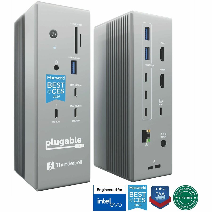 Plugable TBT-UDH2 Thunderbolt 5 Docking Station with Dual HDMI 2.1, 140W Charging, 6 USB-C Ports, and 2.5Gb Ethernet