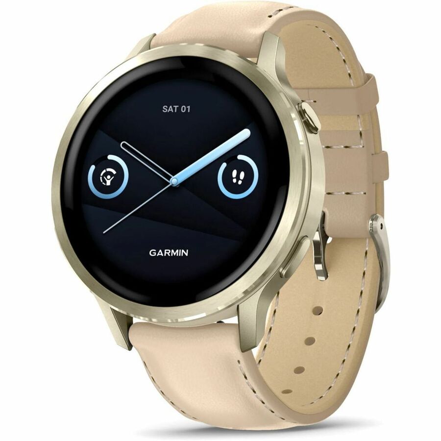 Garmin Venu 4 Smartwatch with Lunar Gold Stainless Steel Case and Light Sand Leather Band
