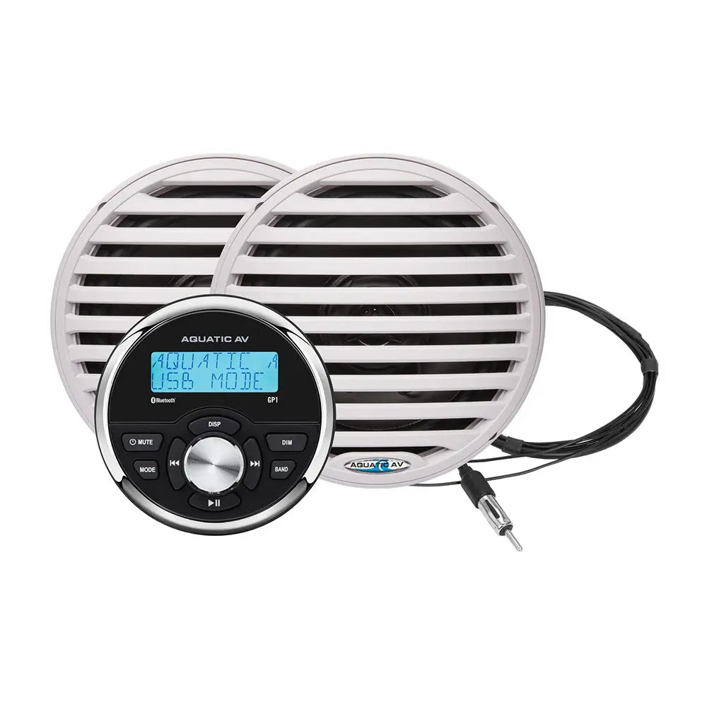 Aquatic AV GP1 Gauge Stereo Marine Stereo System with Economy 6.5-inch Waterproof Speakers - White (Pair)