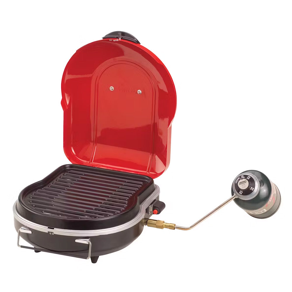 Coleman Fold N Go+ Propane Grill in Red – Compact Portable Camping Grill with 6,000 BTUs and Adjustable Burner