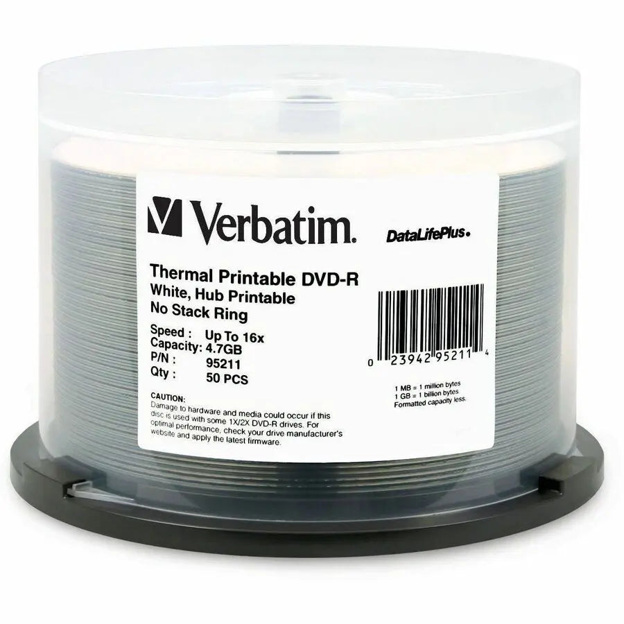 Verbatim DVD-R 4.7GB 16X DataLifePlus White Thermal Printable Disc - 50 Pack Spindle