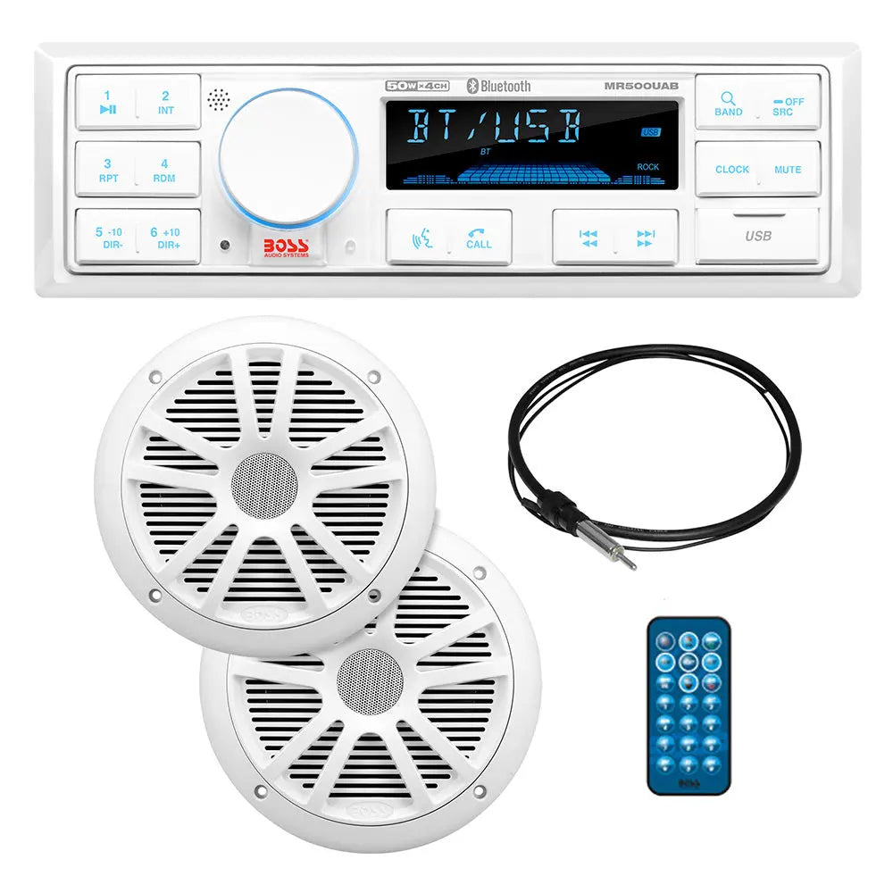 Boss Audio MCK500WB.6 Marine Audio Kit with MR500UAB Radio, Two MR6W Speakers, and Antenna