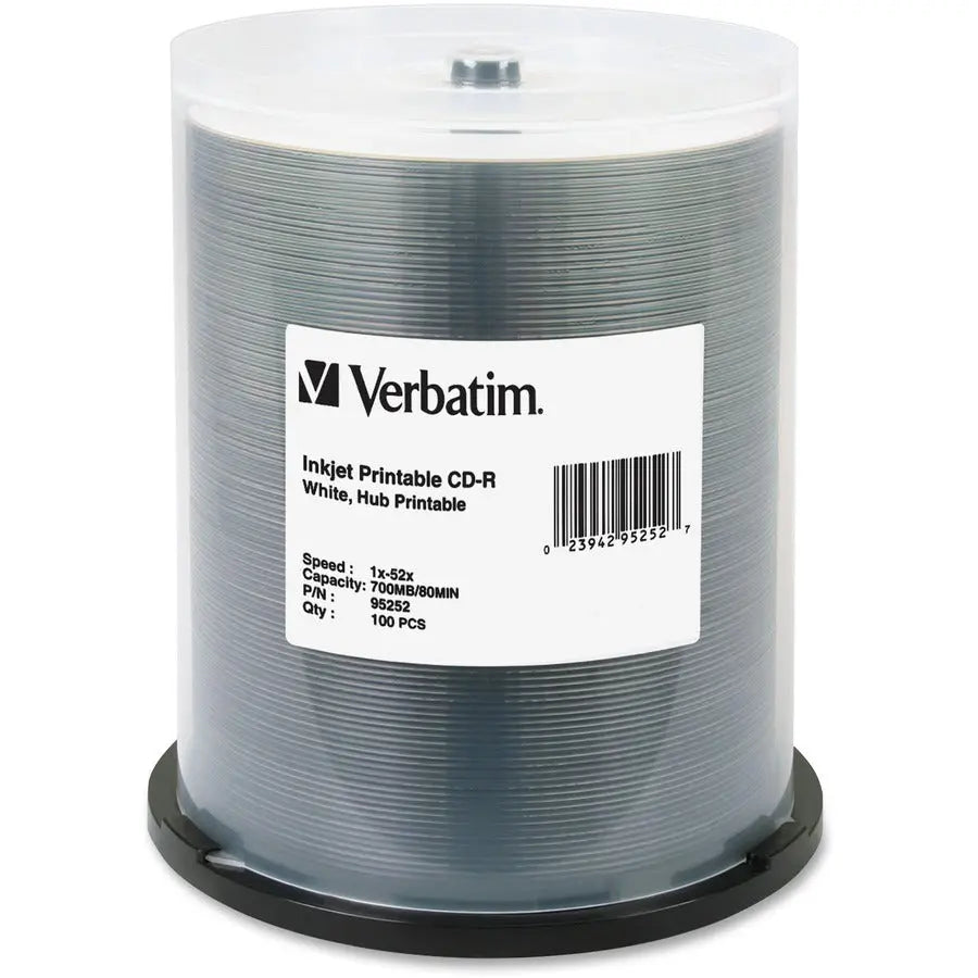 Verbatim CD-R 700MB 52X White Inkjet Printable, Hub Printable – 100 Pack