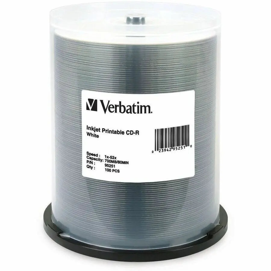 Verbatim CD-R 700MB 52X White Inkjet Printable Discs - 100 Pack Spindle