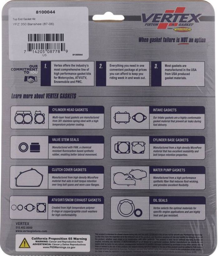 Vertex Top End Gasket Kit - Part No. 8100044 for Engine Maintenance